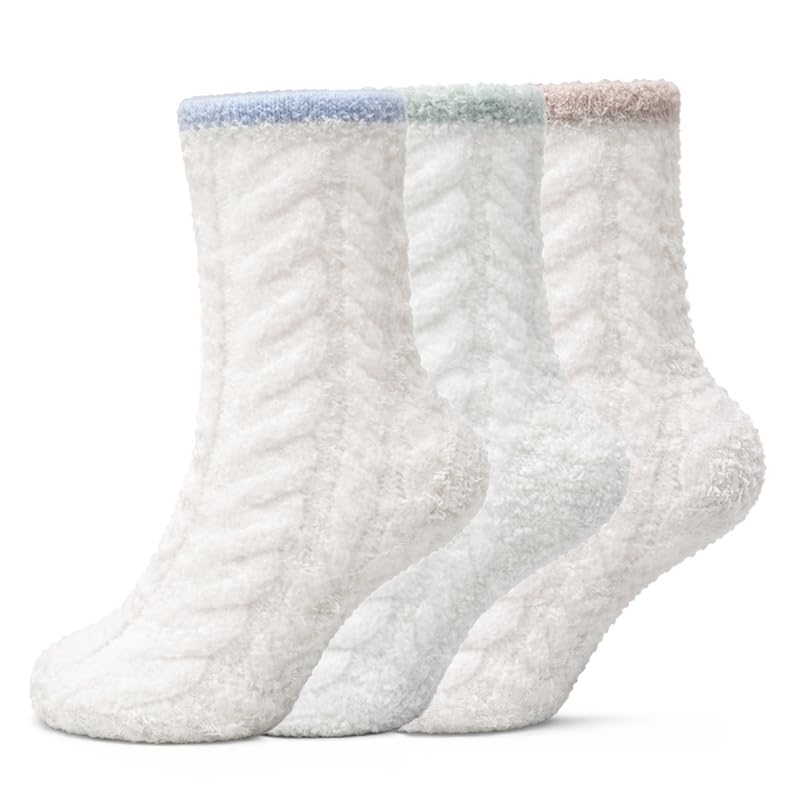 Kids Cream Fuzzy Socks 3-Pack - Blue, Green & Khaki - view 1