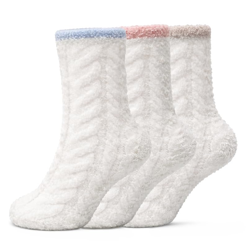 Kids Cream Fuzzy Socks 3-Pack - Blue, Peach & Khaki - view 1