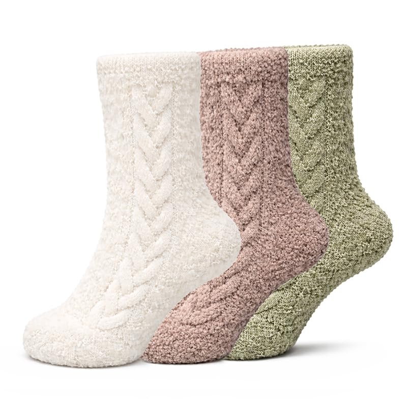 Women's Non-Slip Fuzzy Crew Socks 3-Pack - Sage Green, Off White & Coffee - view 1