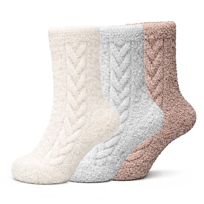 Women's Non-Slip Fuzzy Crew Socks 3-Pack - Silver Gray, Off White & Coffee - view 1
