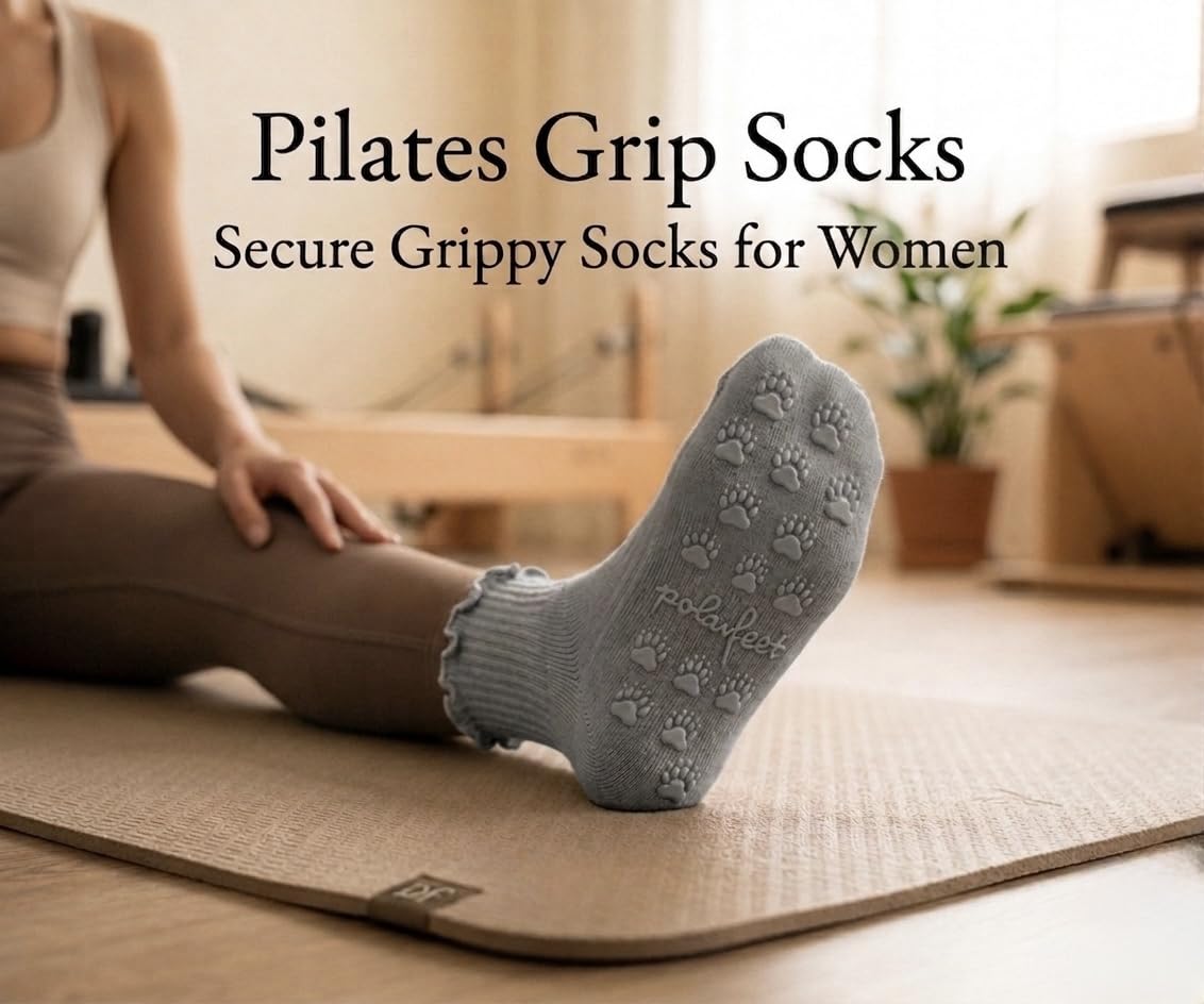 Polar Feet Crew Yoga Socks in Cloud Grey - Non-Slip Sole - Photo 2