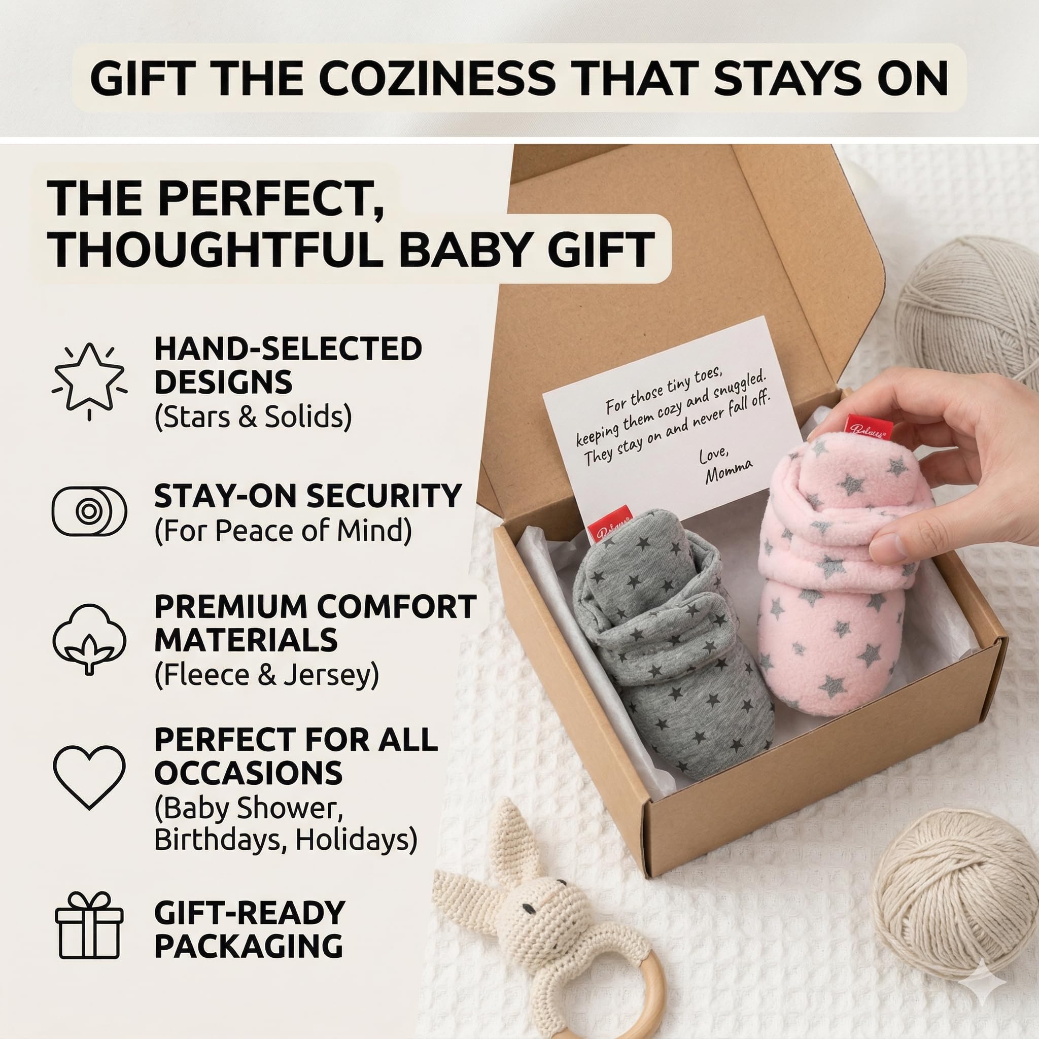 Cotton Baby Booties with Gripper Soles - Light Grey Polar Feet