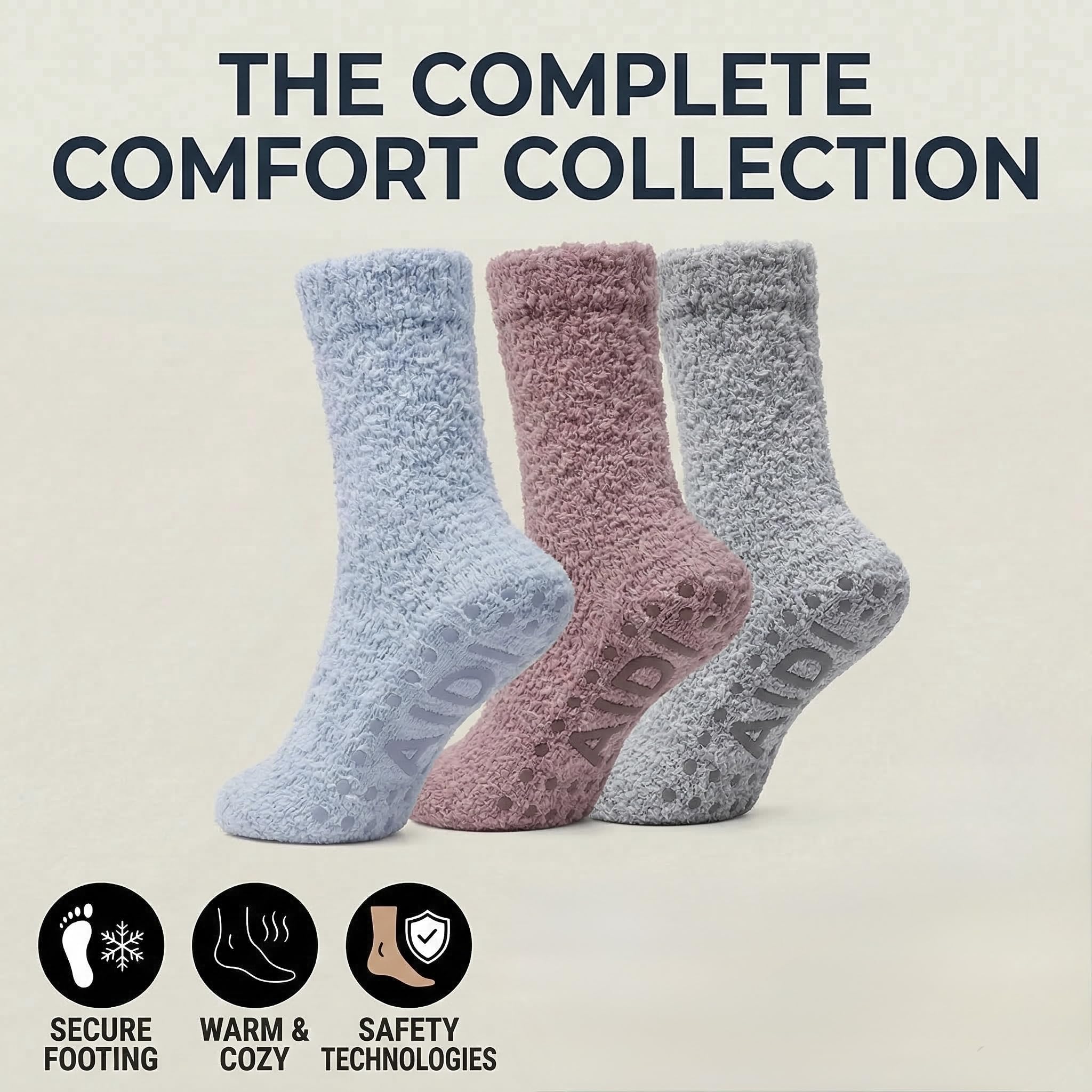Non-Slip Fuzzy Crew Socks - Blue/Gray/Black | Polar Feet