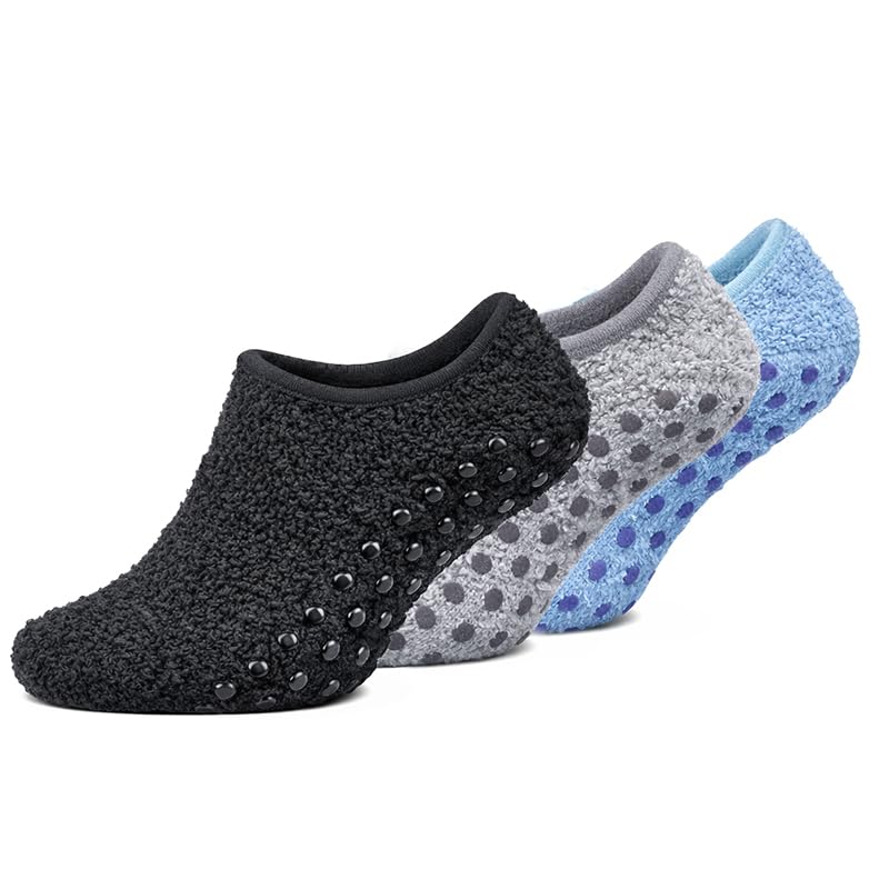 Non-Slip Fuzzy No-Show Socks - Midnight Black/Gray/Dusty Blue | Polar Feet