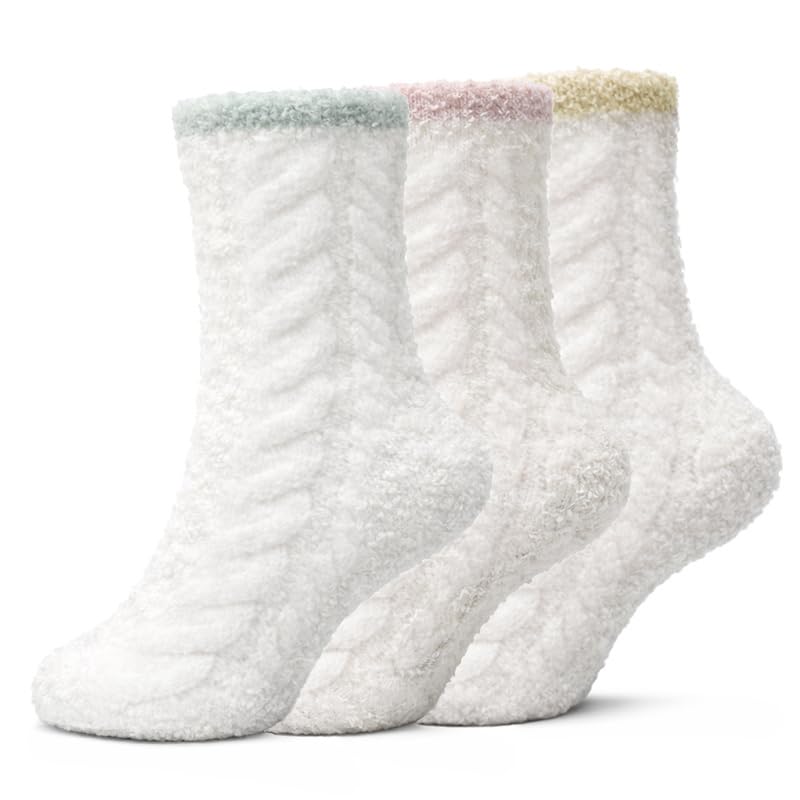 Kids Cream Fuzzy Socks 3-Pack - Green, Yellow & Pink - view 1