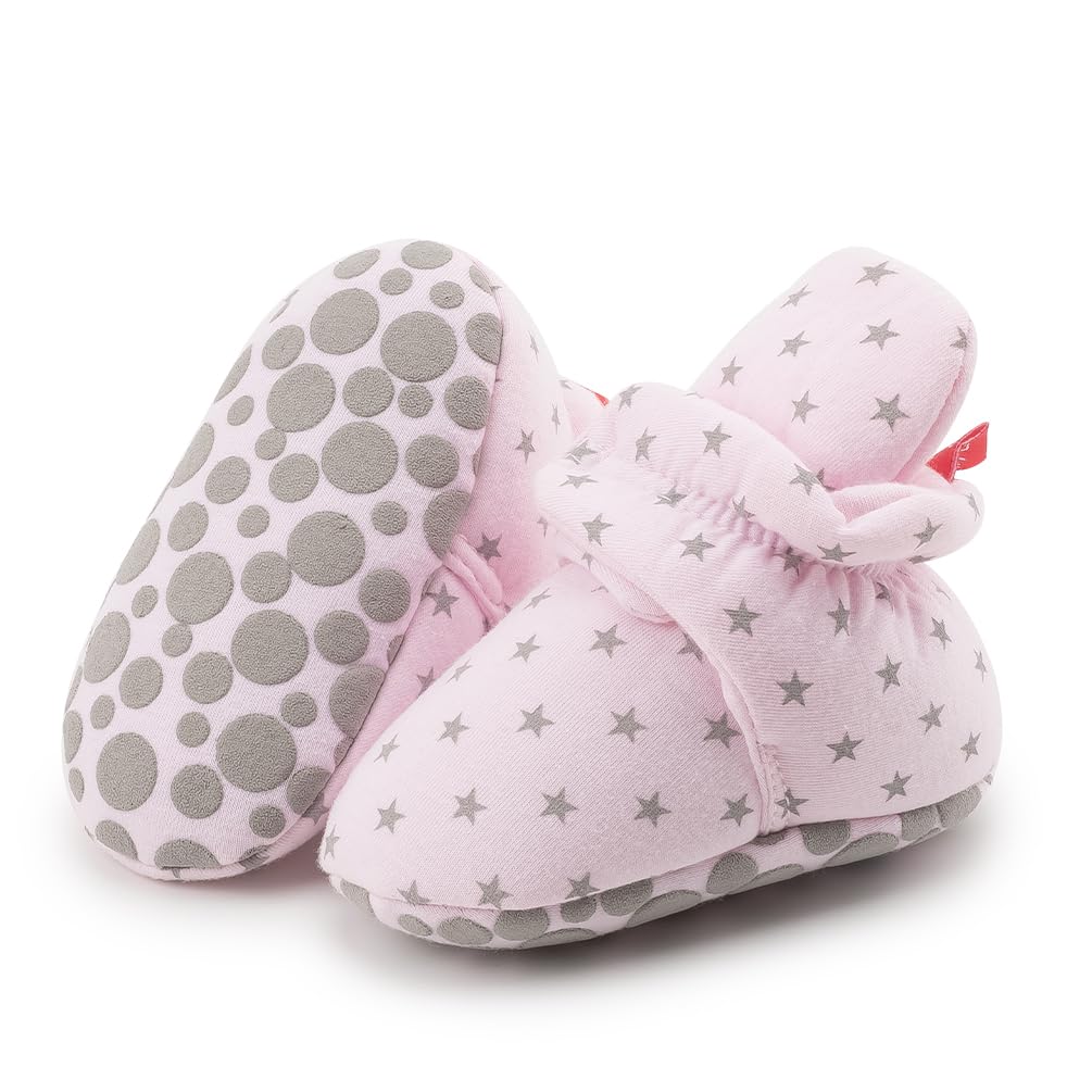 Cotton Star Baby Booties with Gripper Soles - Pink Star Polar Feet