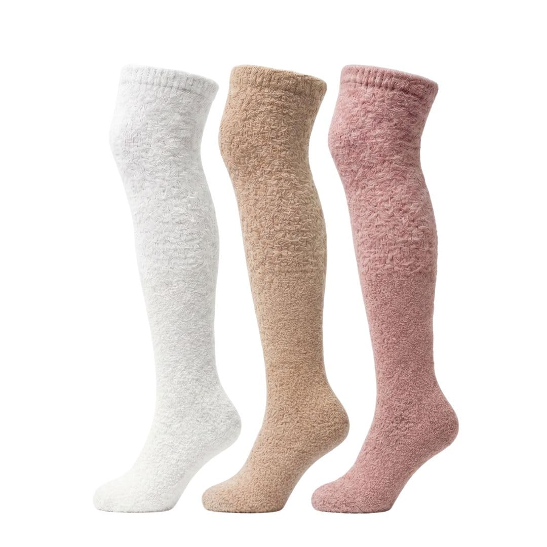 Women's Fuzzy Knee-High Socks 3-Pack - Oatmeal, Sandy Tan & Khaki - view 1