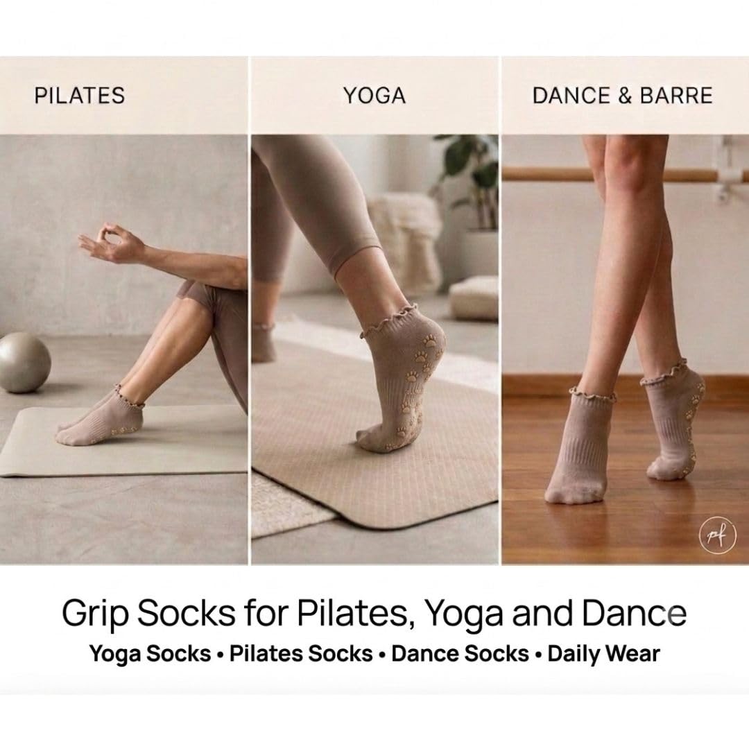 Polar Feet Ankle Yoga Socks in Latte - Non-Slip Sole - Photo 4