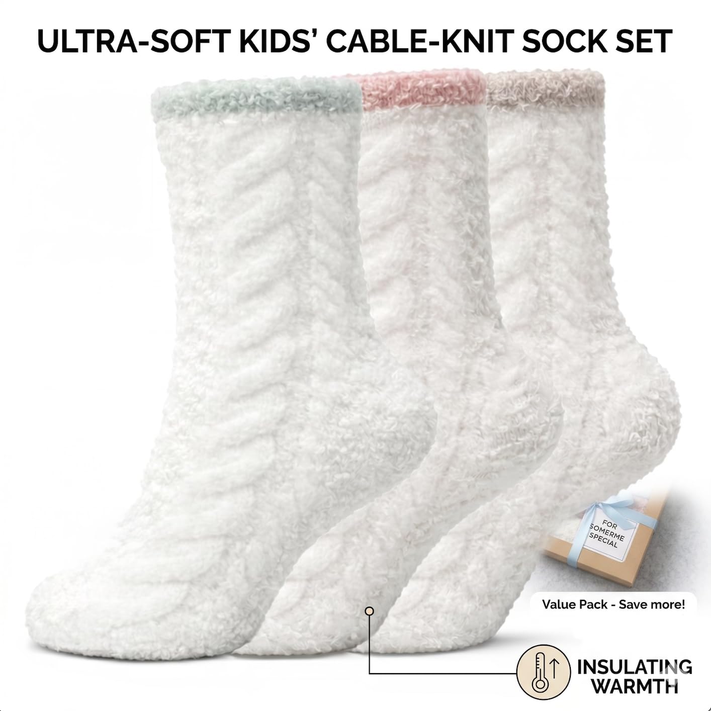 Kids Cream Fuzzy Socks 3-Pack - Pink, Peach & Yellow - view 2
