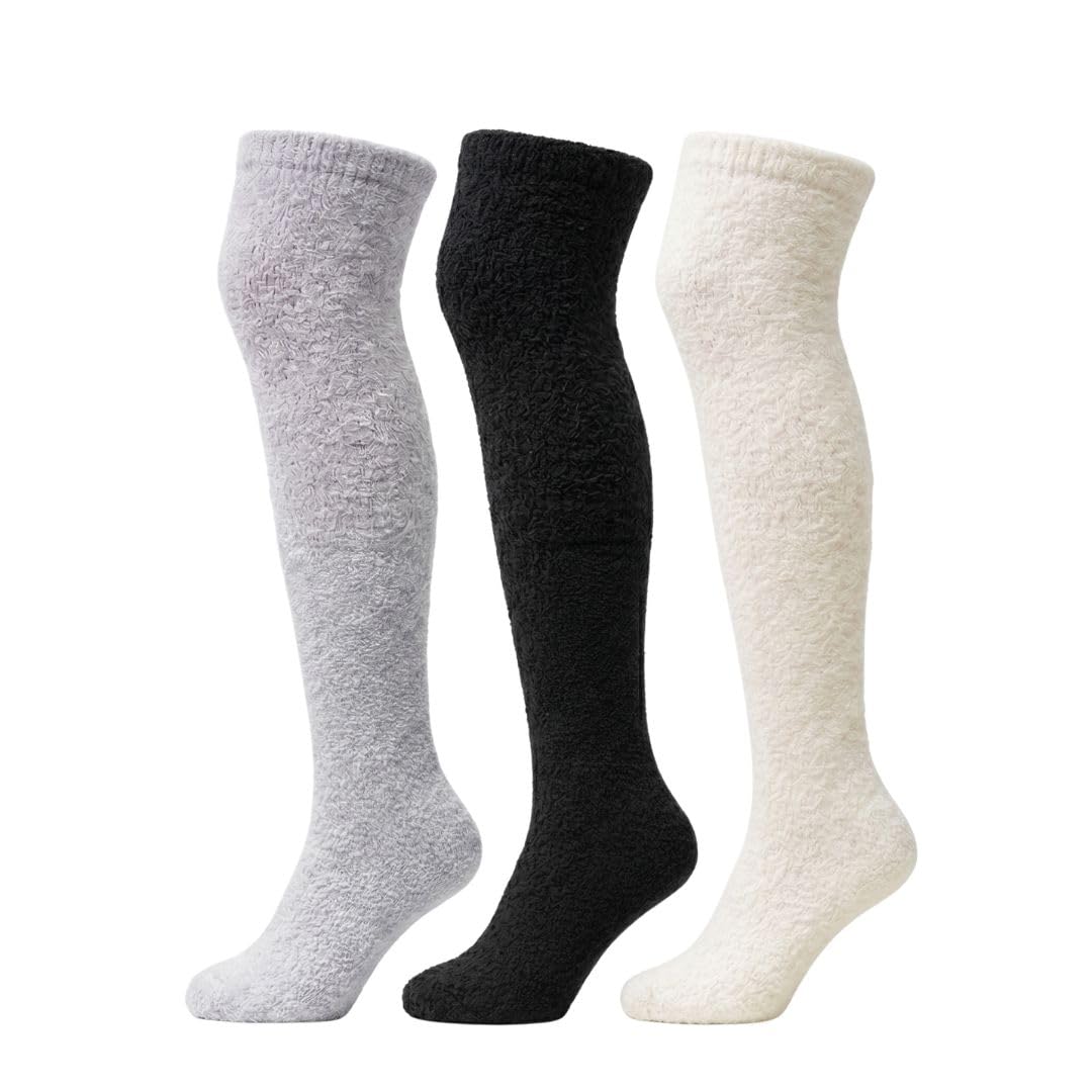 Women's Fuzzy Knee-High Socks 3-Pack - Mocha, Midnight Black & Oatmeal - view 1