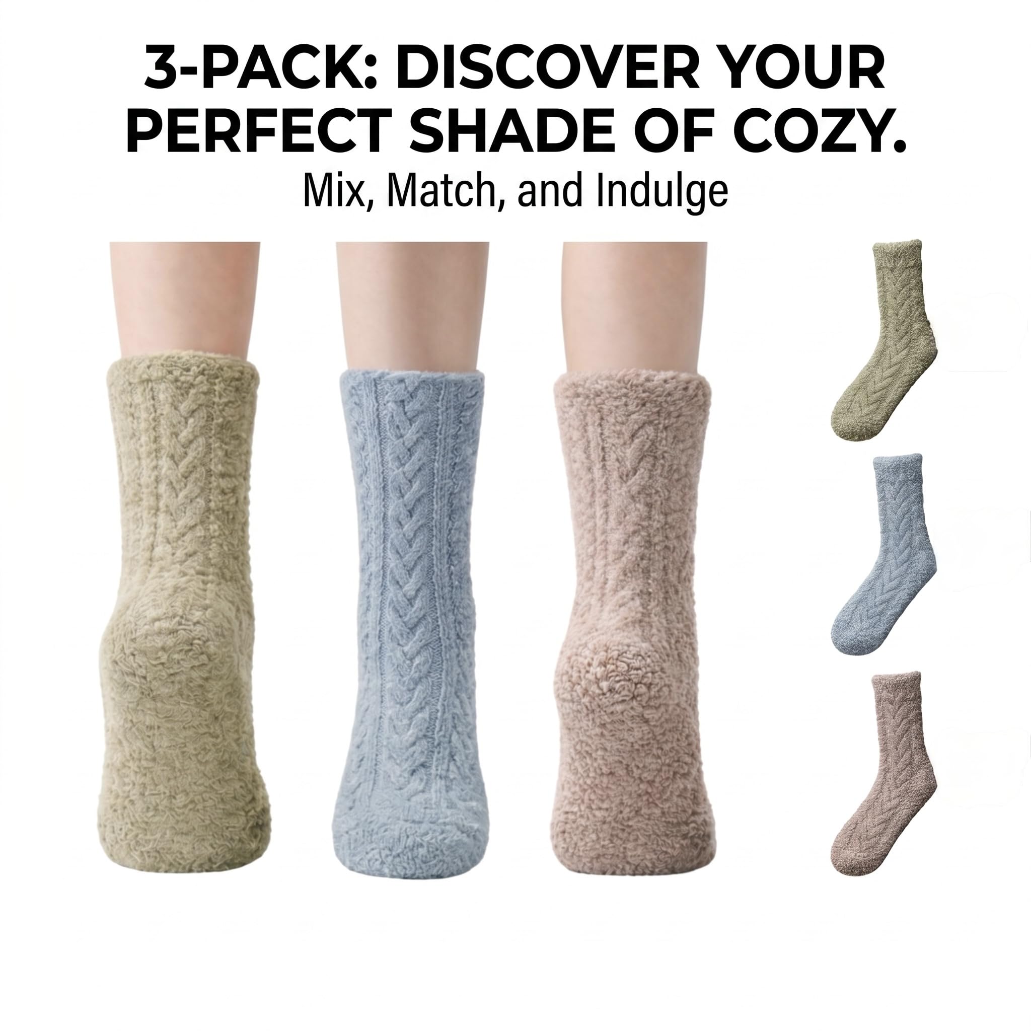 Women's Non-Slip Fuzzy Crew Socks 3-Pack - Sage Green, Charcoal Gray & Silver Gray - view 3