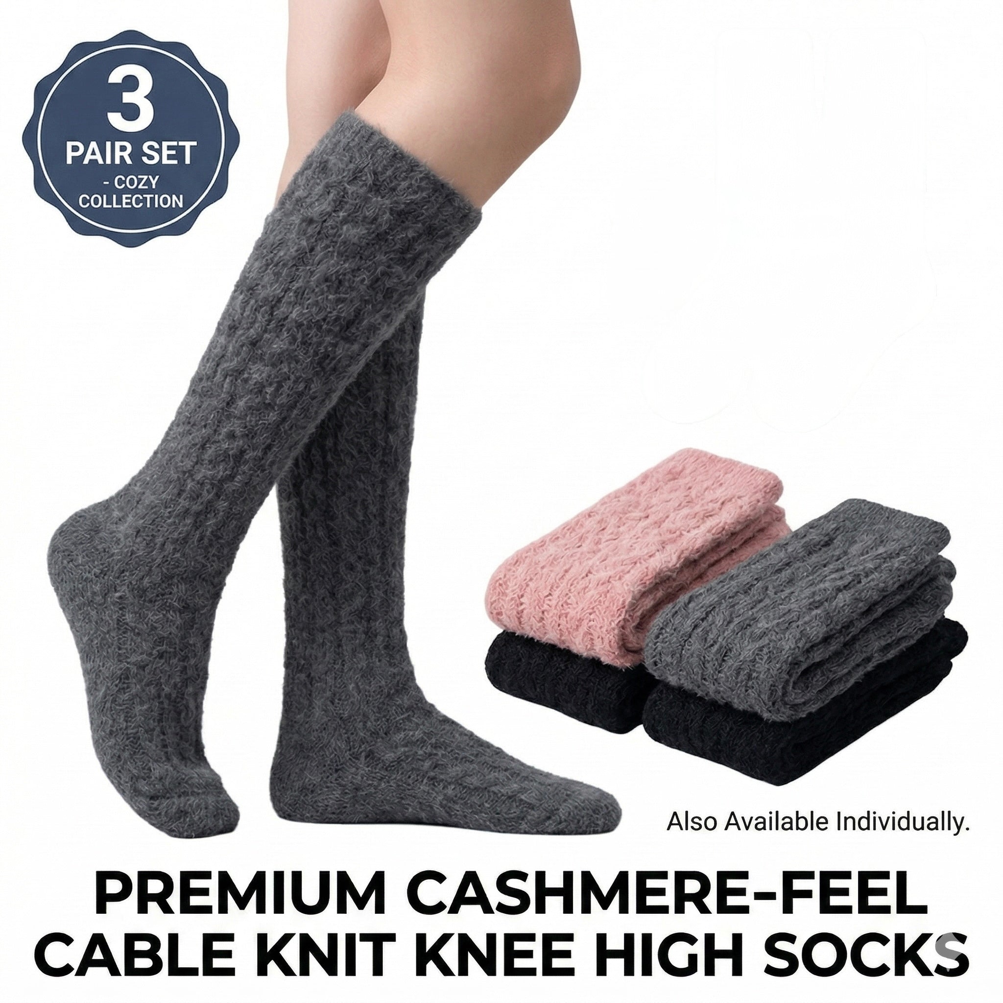Cable Knit Over-the-Knee Socks - Gray/Pink/Tan Polar Feet