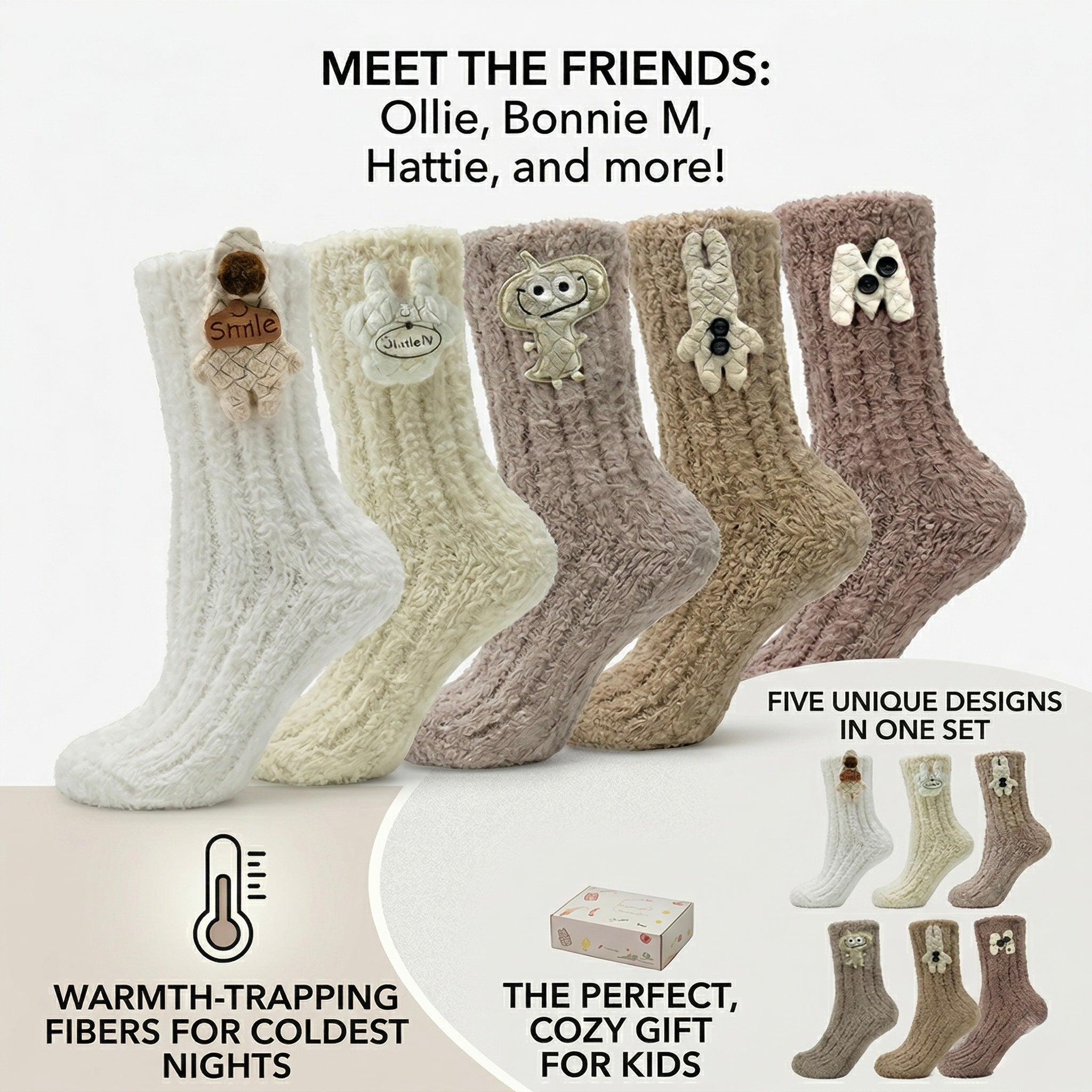 Kids Animal Fuzzy Socks - Blue/Gray/Black/Mauve/Oatmeal Polar Feet