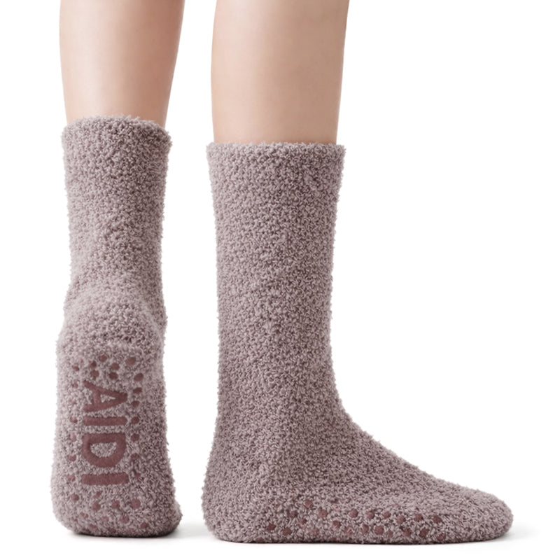 Non-Slip Fuzzy Crew Socks - Mauve/Oatmeal/Green Polar Feet